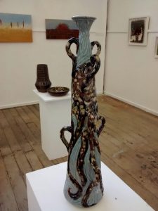 A tall vase featuring an octopus at the Broad group show at the Outlaw Gallery
