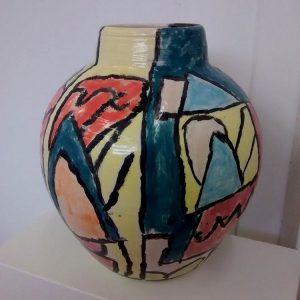 A colourful ceramic vase by Alex Rees at the Factory Arts Residents & Friends group show at the Outlaw Gallery