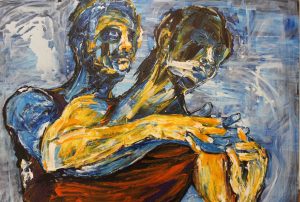 A blue and yellow painting of two figures dancing