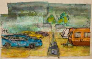 A colourful fabric artwork featuring cars and caravans
