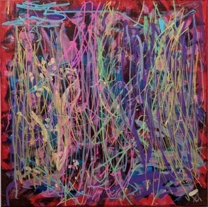 An abstract painting by artist Peter Worland in red, pink and purple.