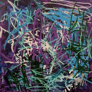An abstract painting by artist Peter Worland in purple, green and blue.