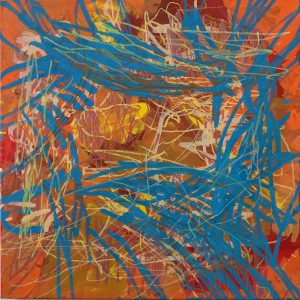 An abstract painting by artist Peter Worland in brown, orange and blue.