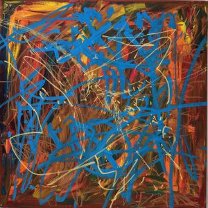 An abstract painting by artist Peter Worland in orange, brown and blue.