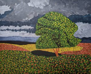 An impressionist painting of a tree in a field during a storm by artist Sam Ward.