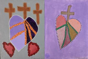 Small abstract canvases featuring hearts and crucifixes by artist Sam Ward.