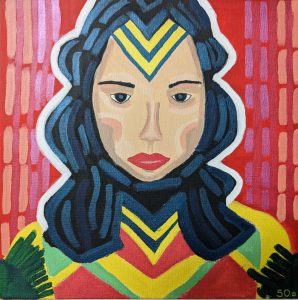 A portrait of Wonder Woman against a red background by artist Siobhan O'Sullivan.