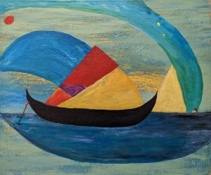 A colourful painting of a black boat on the water by artist Tim Mast.