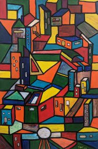A colourful abstract cityscape by artist Tim Mast.